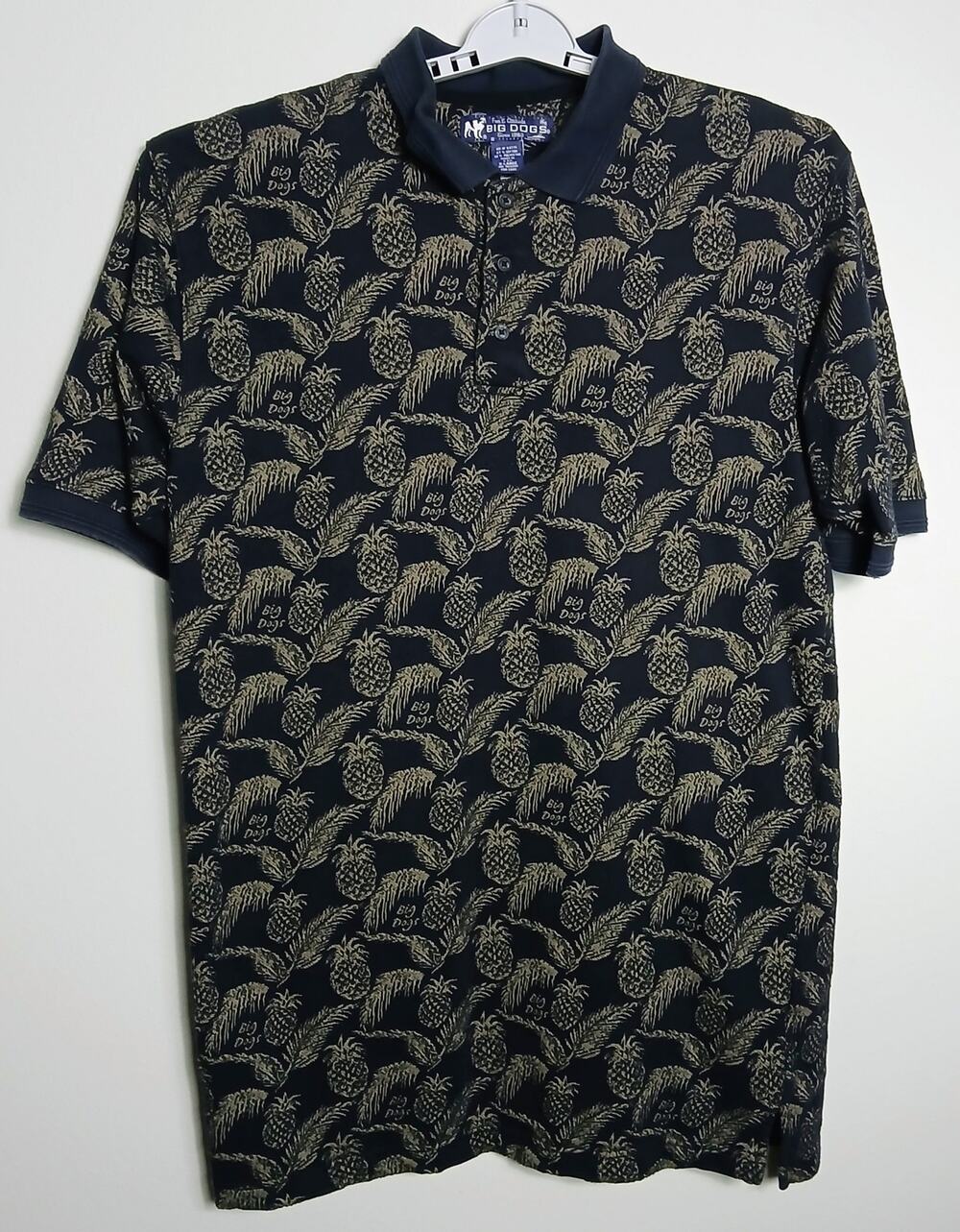 Vintage Big Dogs Mens XL Jacquard Pineapple Polo Shirt Hawaiian Golf Black Gold